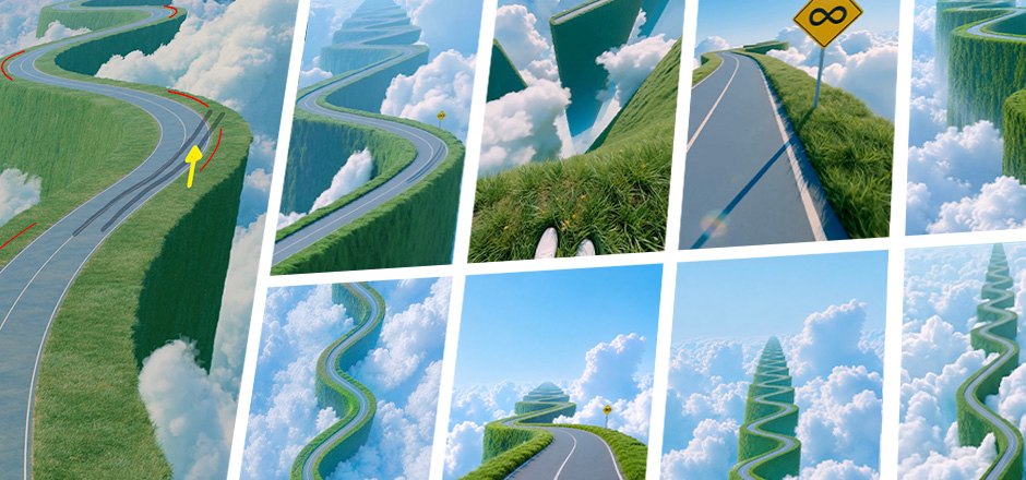 A grid of winding roads above the clouds, with an infinity road sign