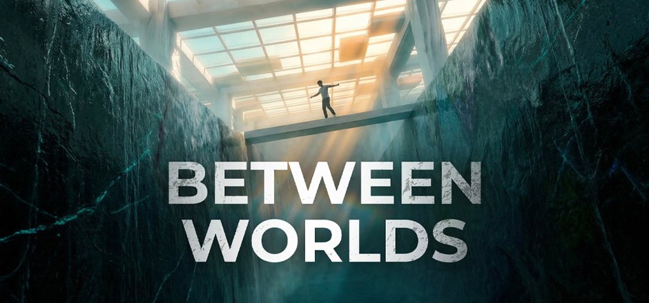 Between Worlds, a short film: a man balancing on a beam between two cliffs